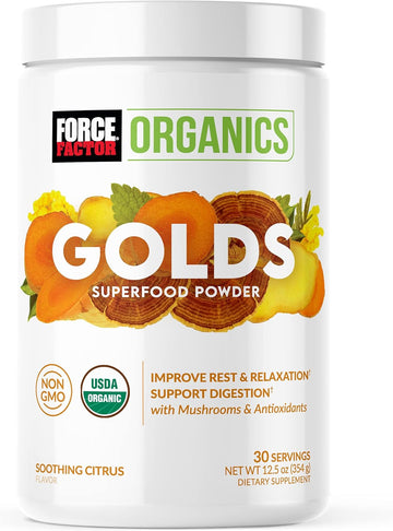 FORCE FACTOR Organics Golds Superfood Powder to Improve Rest and Relaxation, Turmeric Curcumin and Mushroom Supplement with Turkey Tail Mushroom, Chaga, and Ginger, Soothing Citrus, 30 Servings