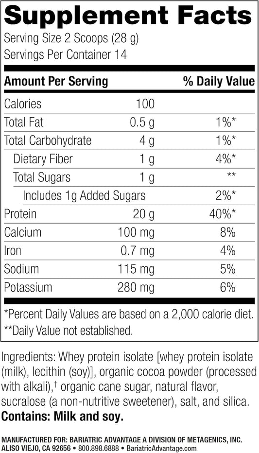 Bariatric Advantage High Protein Supplement Mix, 20 Grams Whey Protein Isolate Low Sugar With 100 Calories Per Serving - Chocolate, 14 Servings