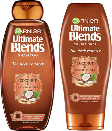 Garnier Ultimate Blends Shampoo & Conditioner Set | Sleek Restorer With Coconut Oil & Cocoa Butter Smoothing For Sleek, Smooth, Frizz-Free Hair | 360 Ml |