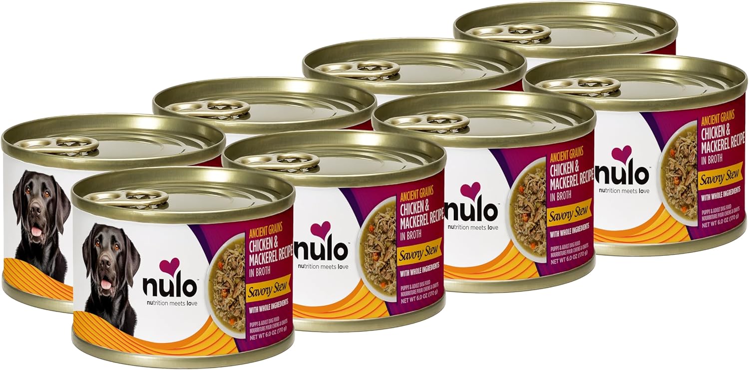 Nulo Ancient Grains Savory Stew With Whole Ingredients Puppy & Dog Food, Chicken And Mackerel In Broth, 6.0 Ounce, 8 Cans