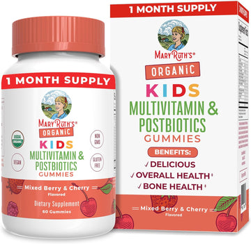 MaryRuth Organics Kids Vitamins, USDA Organic, Kids Multivitamin Gummies + Postbiotics for Ages 4+, Multivitamin for Kids with Lactobacillus Rhamnosus, Vitamins for Kids, Vegan, Non-GMO, 60 Count