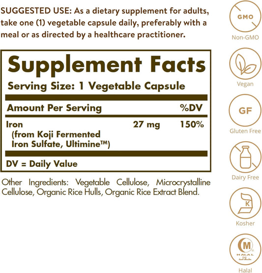 Solgar Earth Source Food Fermented Koji Iron 27Mg, 30 Vegetable Capsules - Higher Absorption, Slow-Release Iron - Gentle On The Stomach - Non-Gmo, Vegan, Gluten Free, Dairy Free, Kosher - 30 Servings