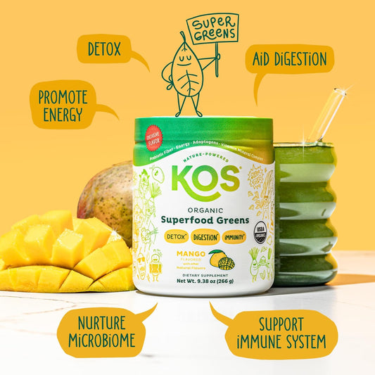 Kos Organic Superfood Greens Powder - Gut Health From Prebiotic Fiber, Supergreens And Adaptogens - Usda Certified Organic, Made In A Gmp Certified Facility - 28 Servings Mango