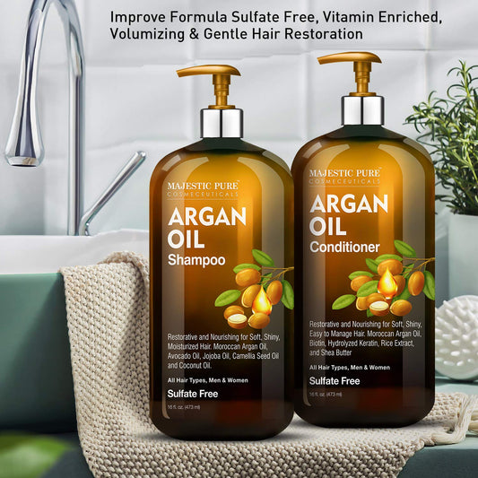 Argan Oil Shampoo and Conditioner, from Majestic Pure, Improve formula Sulfate Free, Vitamin Enriched, Volumizing & Gentle Hair Restoration Formula for Daily Use, for Men and Women, 16 fl oz Each