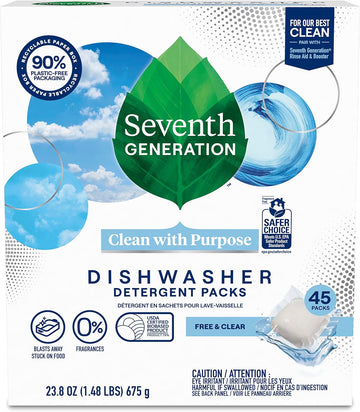 Seventh Generation Dishwasher Detergent Packs, Blasts Away Stuck-On Food, Free & Clear, 45 Packs