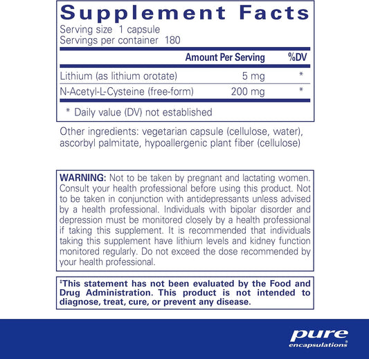 Pure Encapsulations Lithium Orotate 5 Mg - Brain Support Supplement - With N-Acetyl-L-Cysteine (Nac) For Memory & Brain Behavior* - Gluten Free & Non-Gmo - 180 Capsules