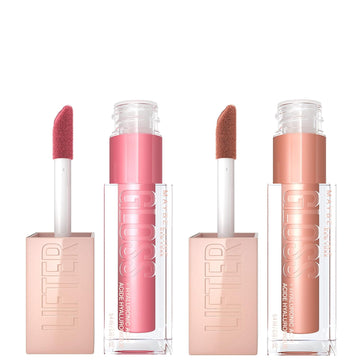 Maybelline Lifter Gloss With Hyaluronic Acid Makeup Bundle, Lip Gloss Set Includes 1 Nude Lip Gloss In Petal And 1 Pink Lip Gloss In Stone