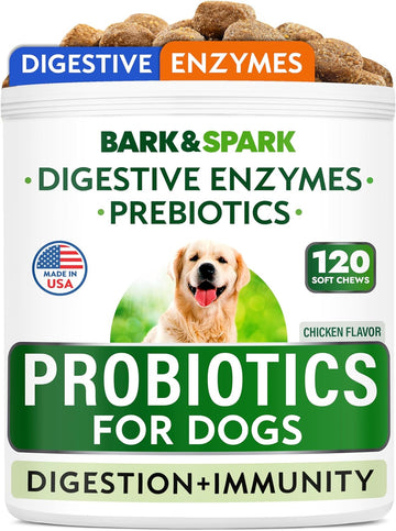 Bark&Spark Dog Probiotics & Digestive Enzymes (Gut Health) Allergy & Itchy Skin - Pet Diarrhea Gas Treatment Upset Stomach Relief, Digestion Health Prebiotic Supplement Tummy Treat (120Ct Chicken)