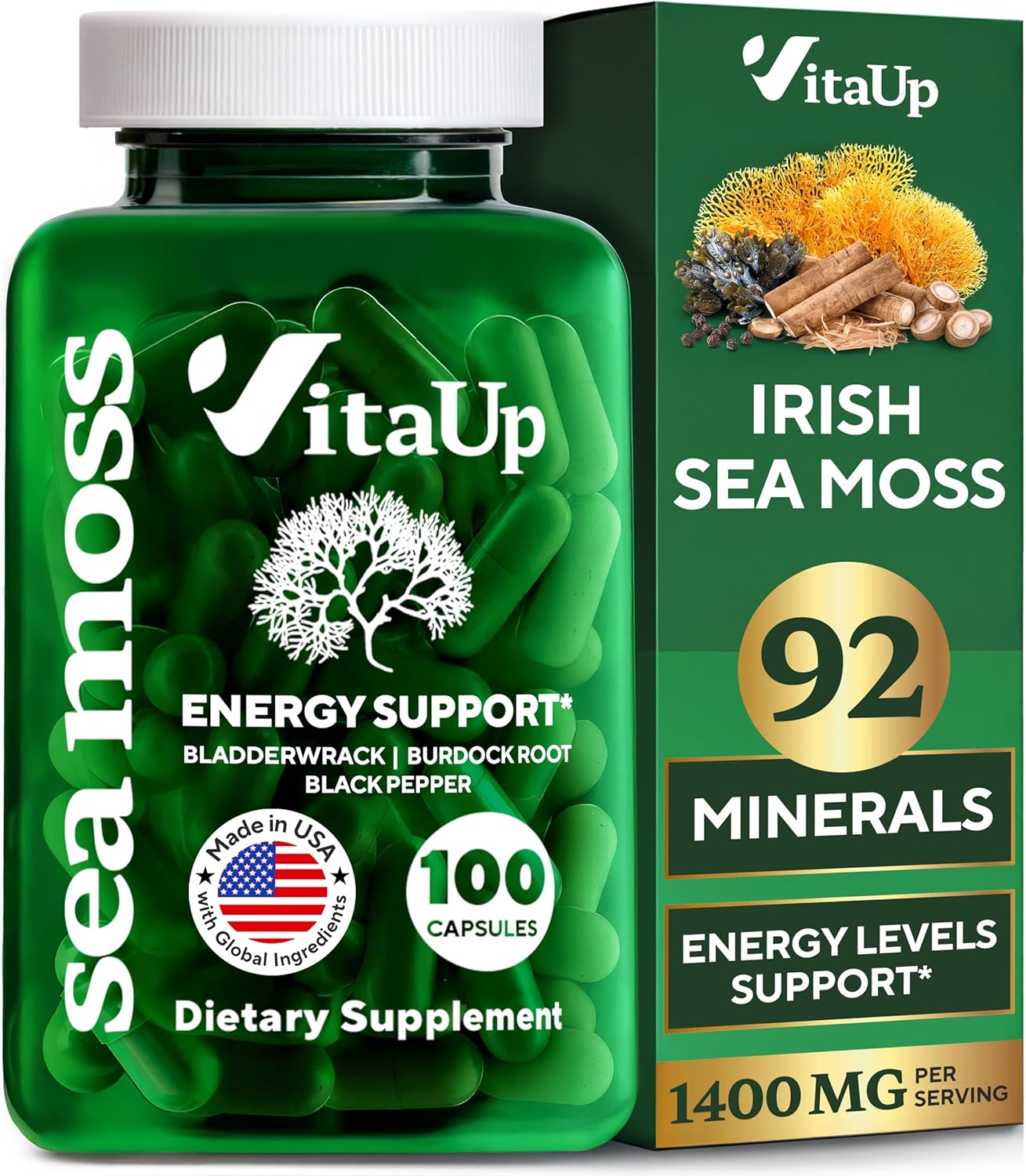 Wildcrafted Irish Sea Moss Capsules With Burdock Root & Bladderwrack - Usa Made Sea Moss Advanced For Hair, Skin, Immune & Energy Levels Support - Seamoss Pills - 100 Vegan Capsules