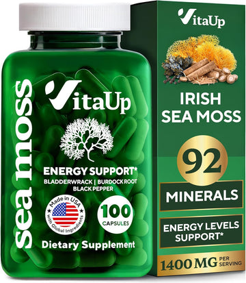 Wildcrafted Irish Sea Moss Capsules With Burdock Root & Bladderwrack - Usa Made Sea Moss Advanced For Hair, Skin, Immune & Energy Levels Support - Seamoss Pills - 100 Vegan Capsules