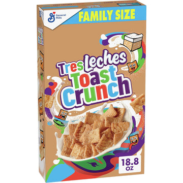 Tres Leches Toast Crunch Breakfast Cereal, Crispy Artificially Tres Leches Flavored Cinnamon Cereal, Family Size, 18.8 oz