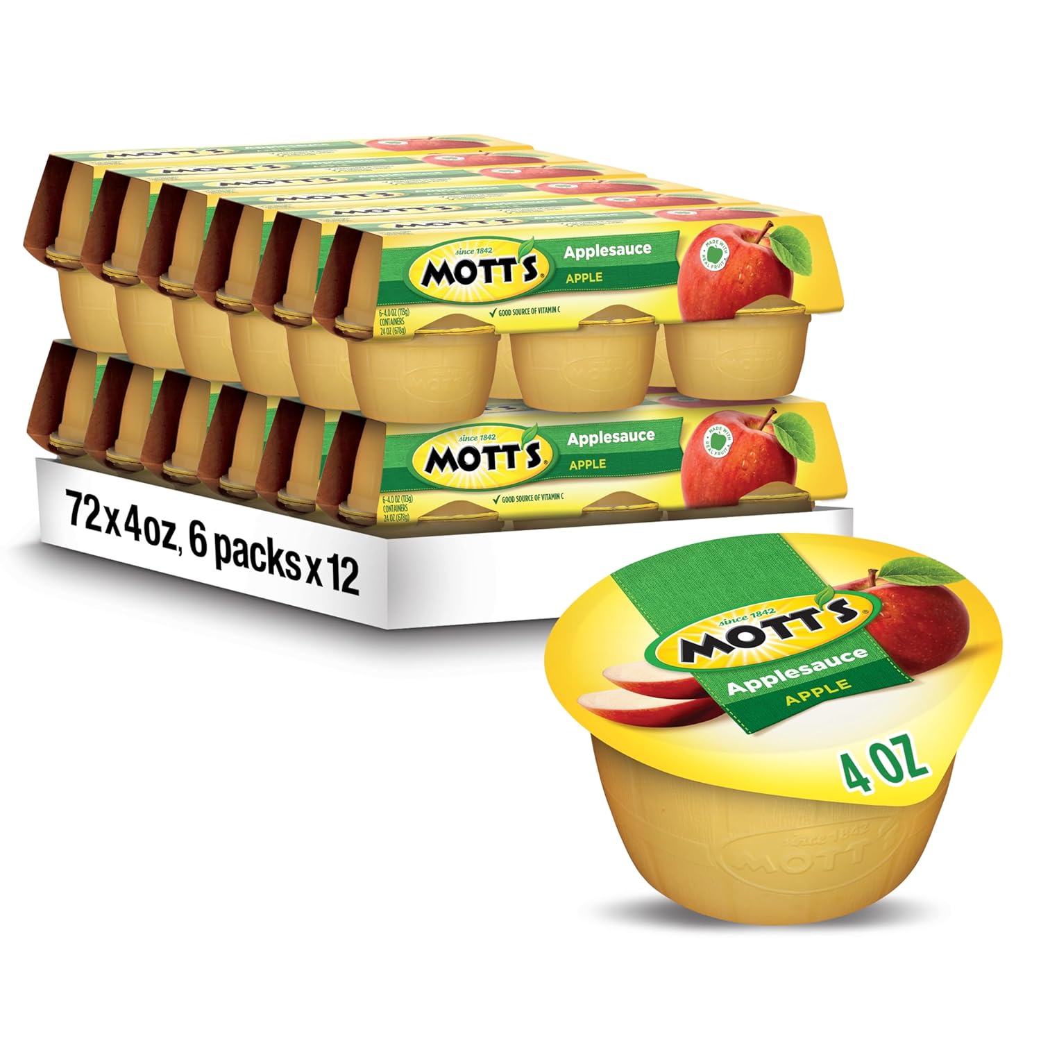 Mott'S Applesauce, 4 Oz Cups, 72 Count (12 Packs Of 6), No Artificial Flavors, Good Source Of Vitamin C, Nutritious Option For The Whole Family