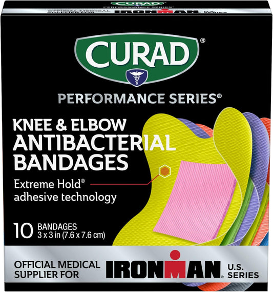 Curad Performance Series Ironman Antibacterial Bandages, Extreme Hold Adhesive Technology, Knee & Elbow 3 Inches X 3 Inches, 10 Count, Ideal For Cuts, Scrapes, Sports, And Active Lifestyles