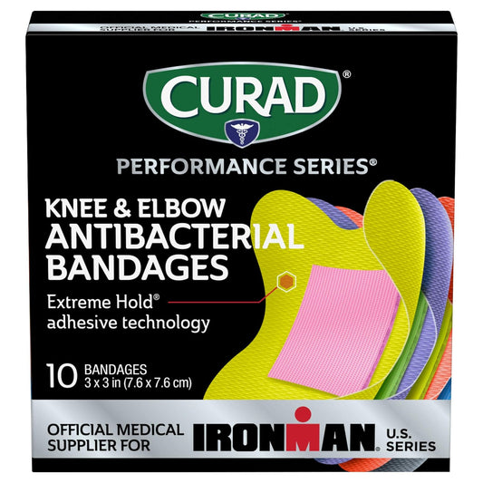 Curad Performance Series Ironman Antibacterial Bandages, Extreme Hold Adhesive Technology, Knee & Elbow 3 Inches X 3 Inches, 10 Count, Ideal For Cuts, Scrapes, Sports, And Active Lifestyles