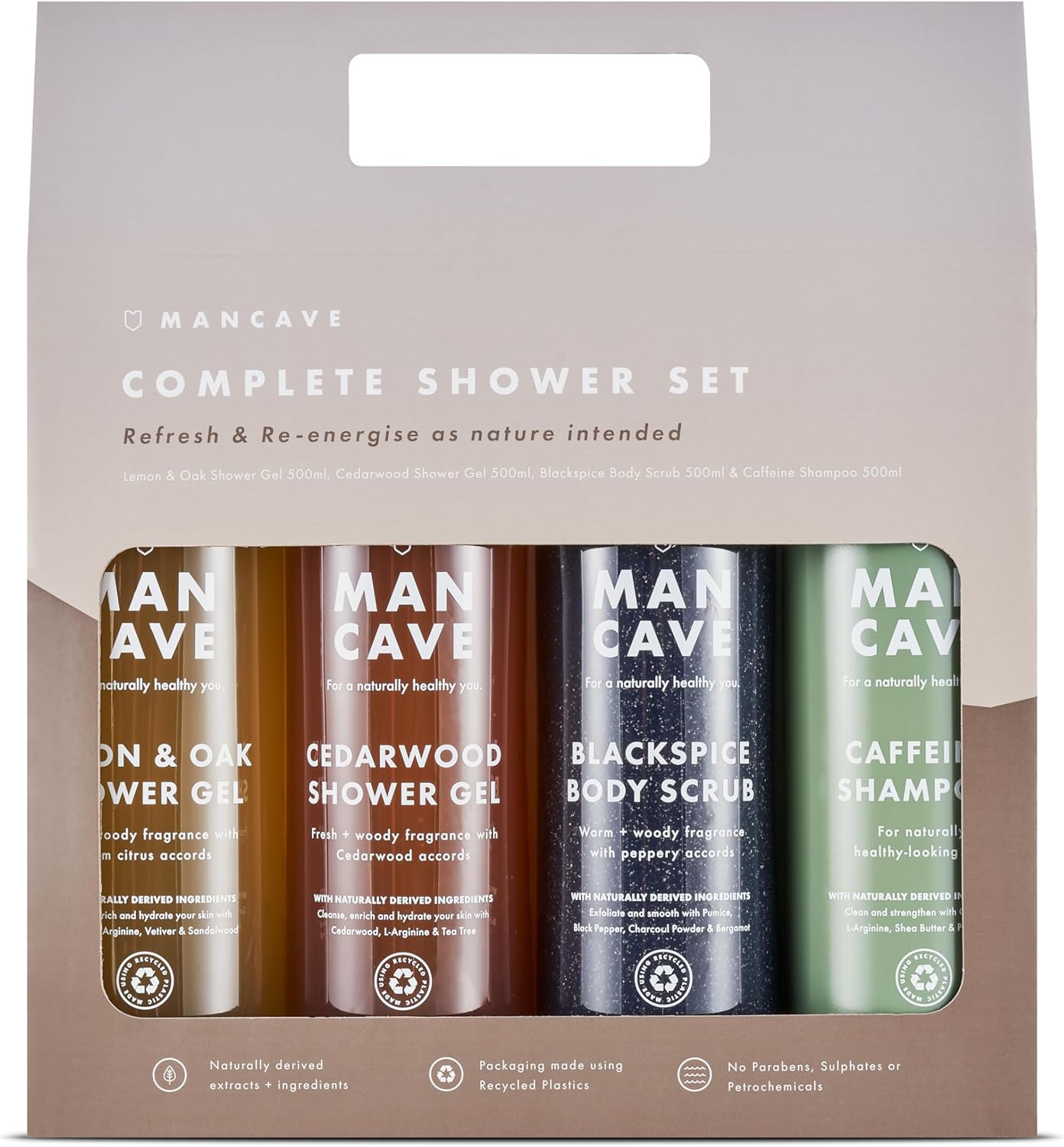 Mancave Men’S Complete Shower Gift Set, 4 Signature Shower Products For Men, Caffeine Shampoo, 2 Natural Sulphate Free Shower Gels And Blackspice Body Scrub, Amazon Exclusive, Vegan, Made In England