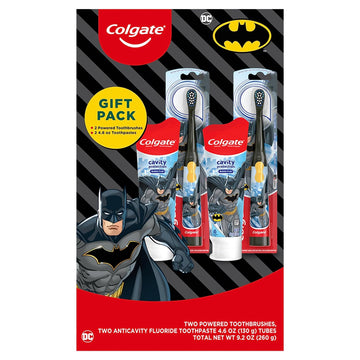 Colgate Kids Toothbrush Set with Toothpaste, Batman Gift Set, 2 Battery Toothbrushes and 2 Toothpastes