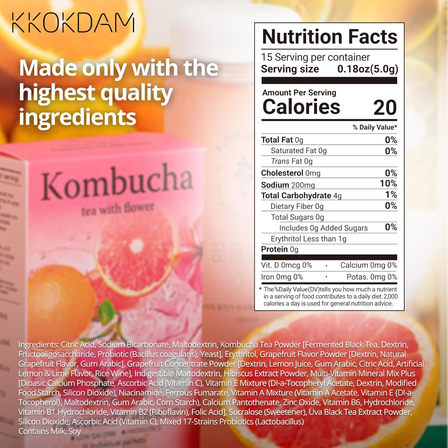 Kkokdam Kombucha Tea 15 Packs - Grapefruit & Hibiscus Korean Tea - Kombucha Drinks Probiotic Support, Low Calorie, Sugar Free Kombucha Pack - 15 Kombucha Drink Packs