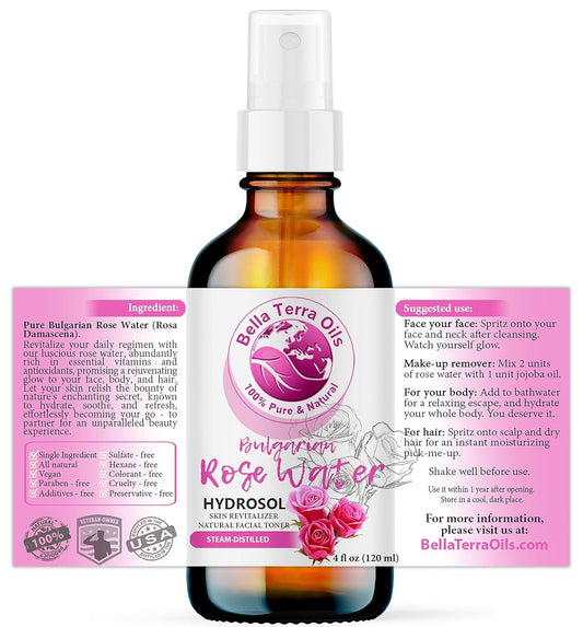 Bella Terra Oils - Organic Rose Water Spray 4oz - Dive into The Elixir of Rose Hydrosol, Gentle on Skin, Luxurious Rosewater Toner Face Experience