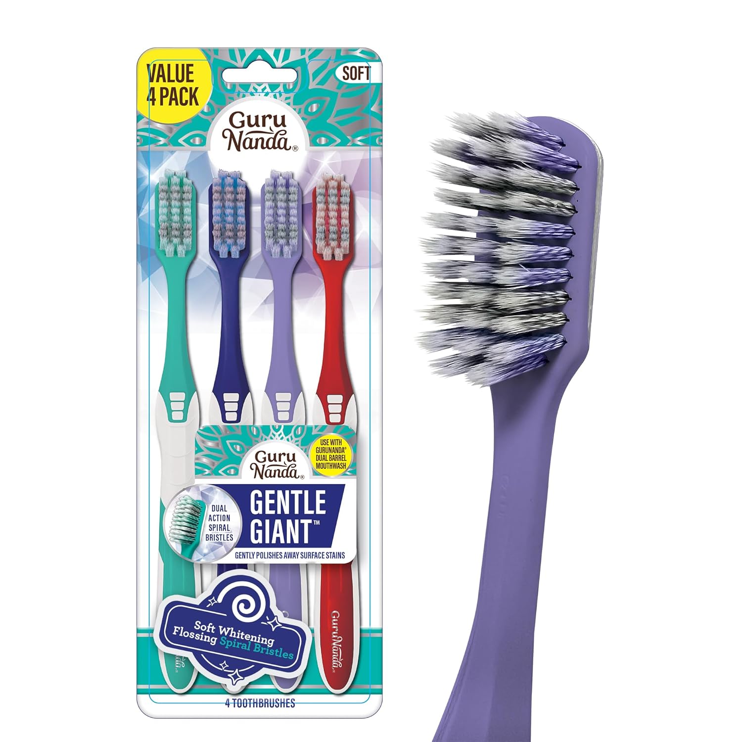 Gurunanda Gentle Giant Toothbrush With Dual Action Flossing Spiral Bristles, Non-Slip Ergo Dexa Grip, Helps In Teeth Whitening, Bpa Free, (4 Count)