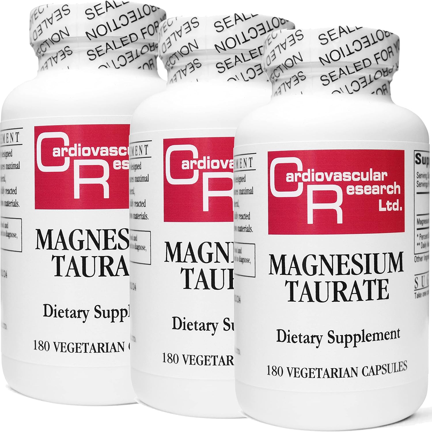 Cardiovascular Research Magnesium Taurate - 125 Mg Elemental Magnesium - 180 Veggie Caps In Each Sealed Bottle - 3 Bottles - 540 Vegetarian Capsules : Health & Household