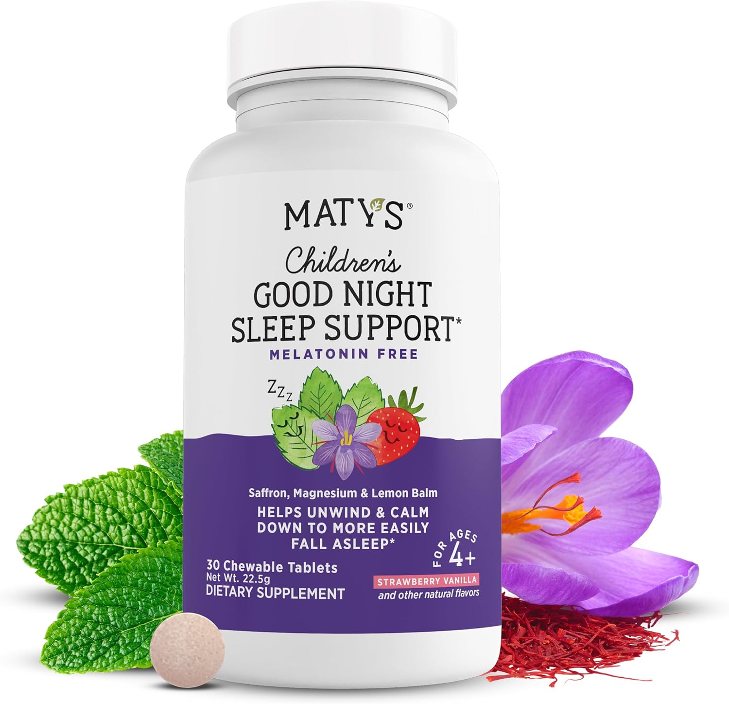 Matys Kids Good Night Sleep Support Chewable Tablets For Ages 4 Years +, No Melatonin Childrens Sleep Aid For Bedtime, Saffron & Magnesium, 30 Count