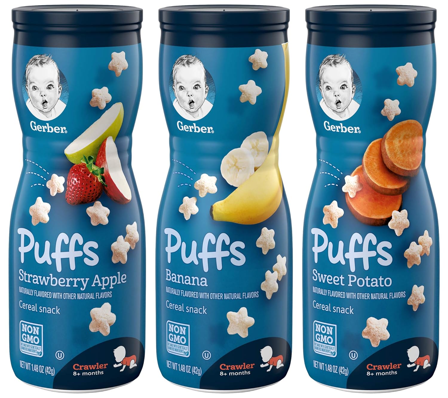 Gerber Puffs Cereal Snack Variety Pack - 1 Strawberry Apple, 1 Banana, 1 Sweet Potato - 1.48 OZ Each (Pack of 3)