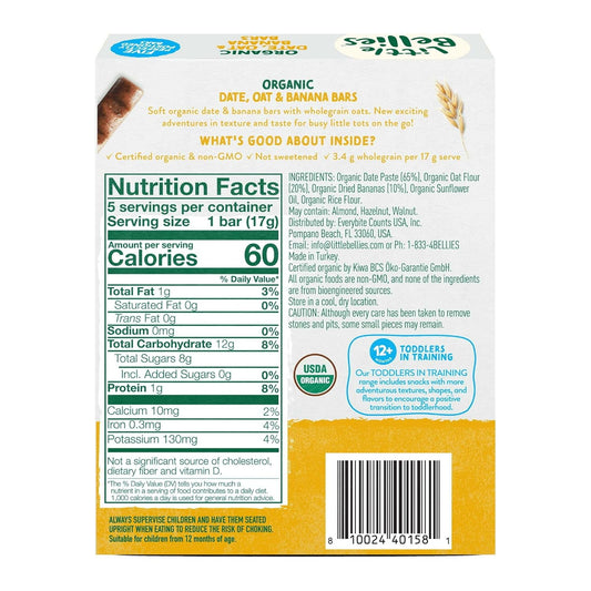 Little Bellies Organic Date, Oat & Banana Bars For Toddlers 12+ Months, 3 Oz (5 Bars) - Pack Of 6