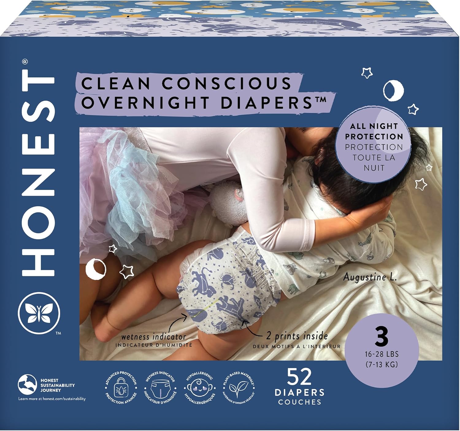 The Honest Company Clean Conscious Overnight Diapers | Plant-Based, Sustainable | Cozy Cloud + Star Signs | Club Box, Size 3 (16-28 Lbs), 52 Count