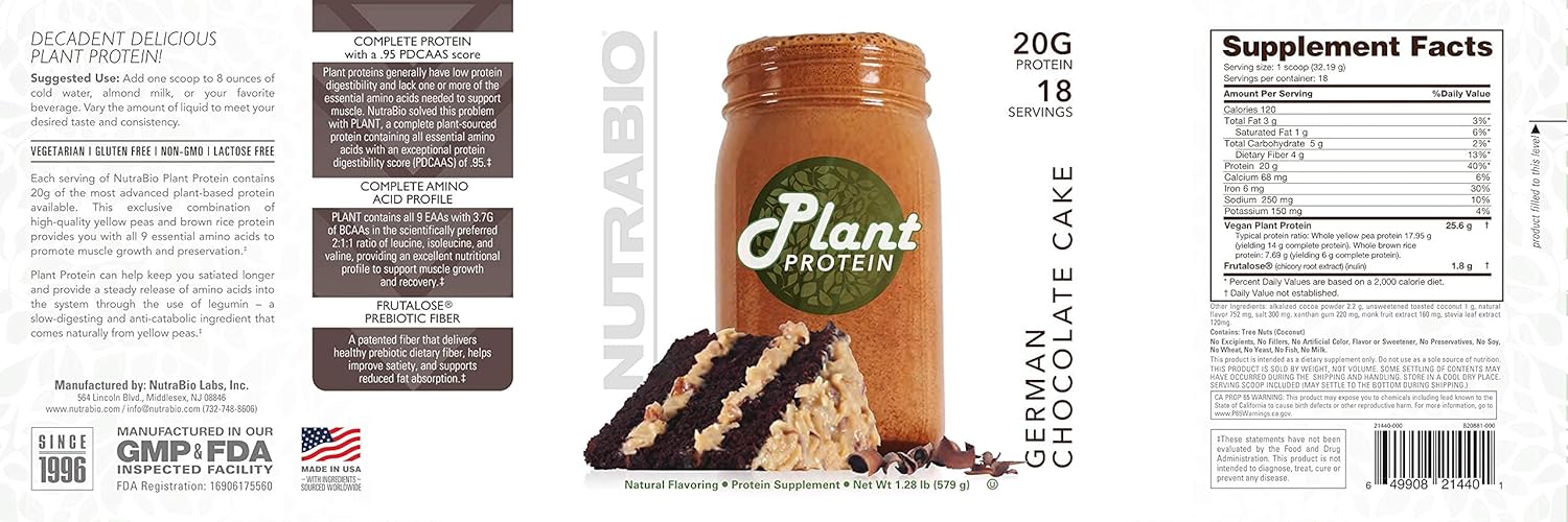 NutraBio Plant Protein – Complete Amino Acid Profile – 20G of Protein per Scoop – Gluten and Dairy Free, Zero Fillers, Naturally Sweetened, Non-GMO, USA Made Protein Powder - German Chocolate Cake : Health & Household