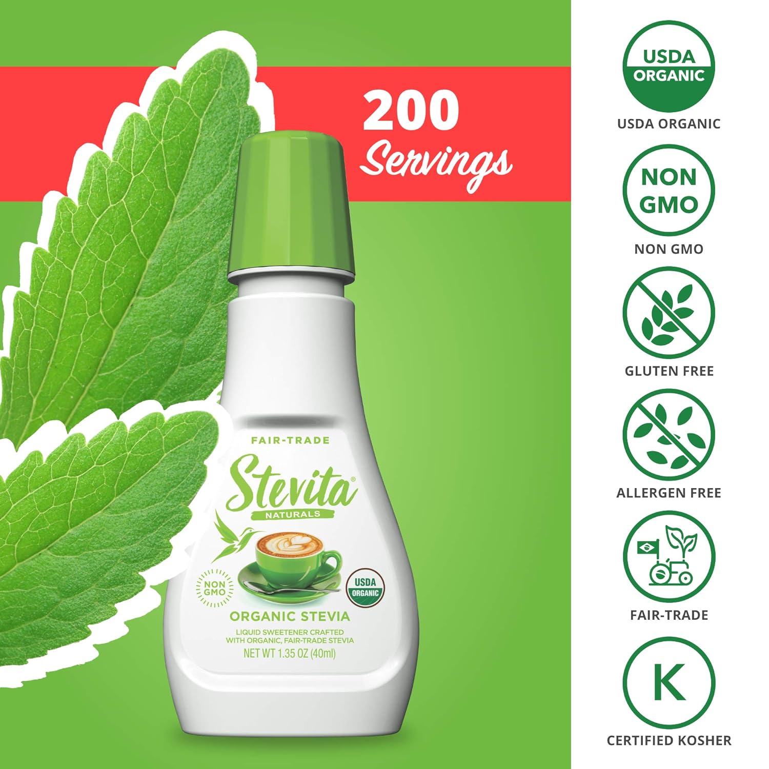 Stevita Organic Liquid Stevia - 1.35 oz - All-Natural Sweetener, Zero Calories - USDA Organic, Non-GMO, Vegan, Kosher, Keto, Paleo, Gluten Free - 200 Servings : Grocery & Gourmet Food