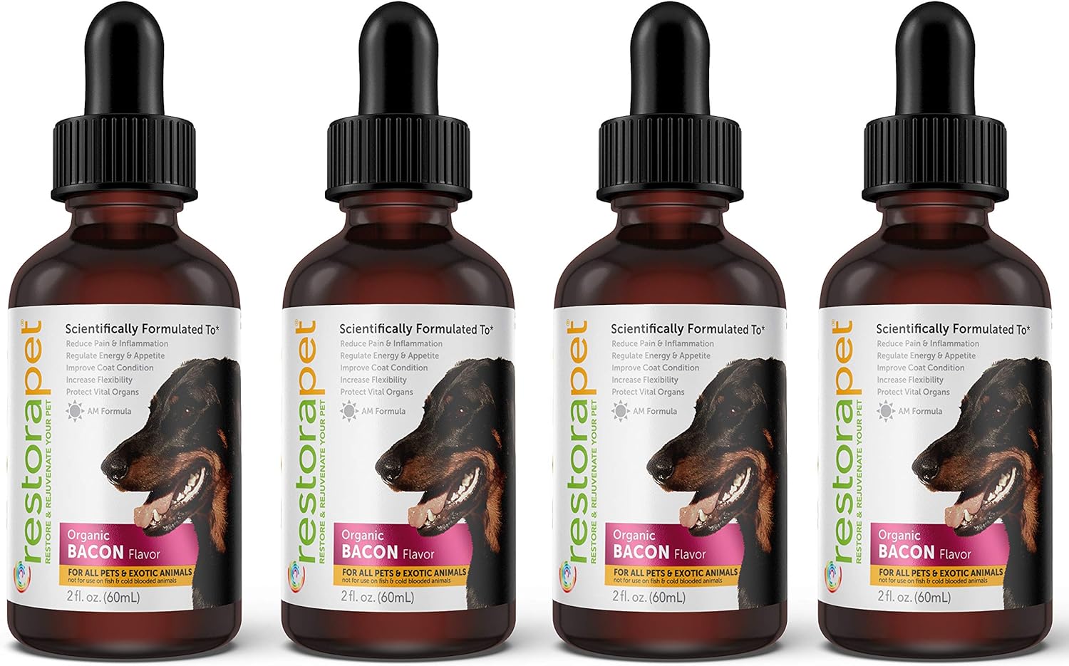 RestoraPet 4-Pack Dog & Cat Bacon Liquid Multivitamin | Dog Arthritis Pain Relief | Hip & Joint Vitamins for Dogs - Anti Inflammatory Supplement for Dogs & Cats | Organic & Non-GMO, Vet Approved