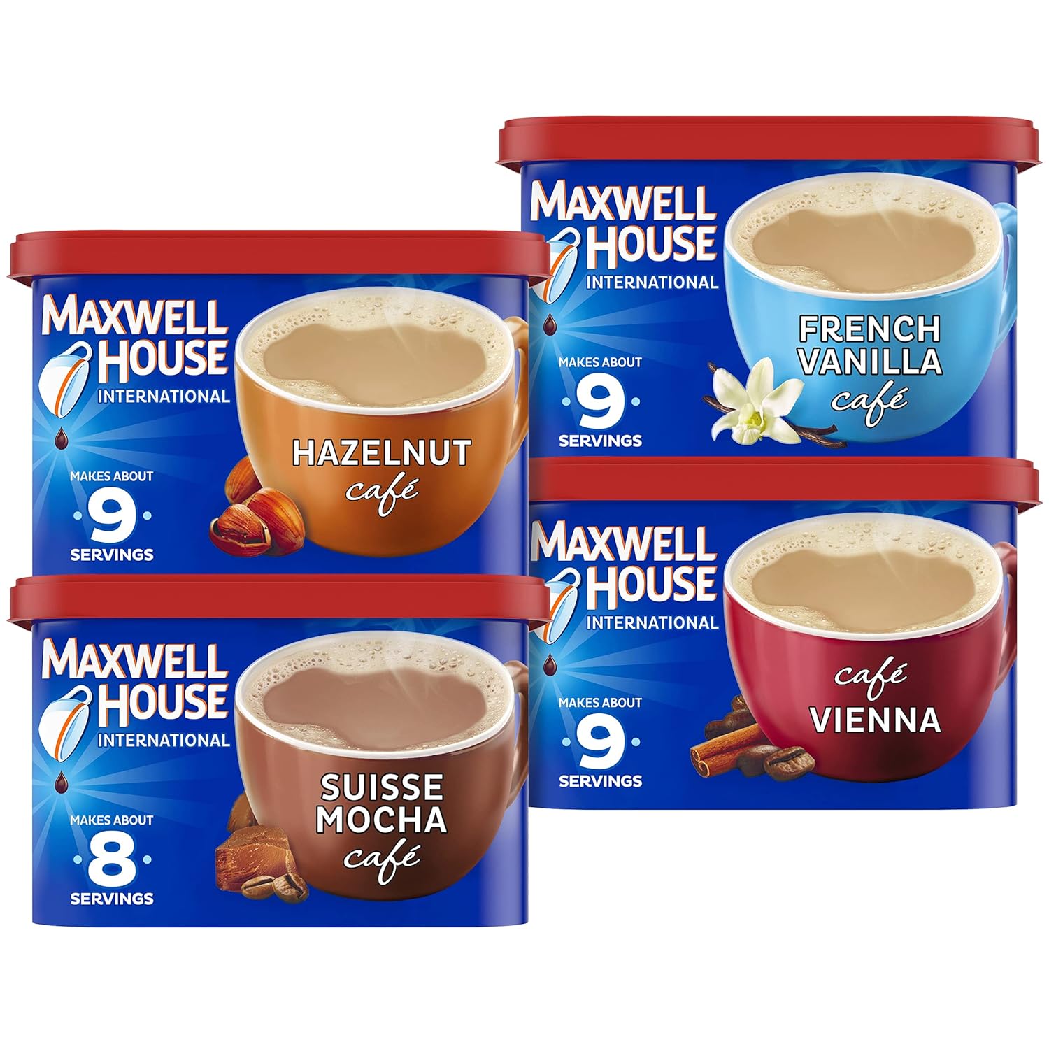 Maxwell House International Variety Pack with French Vanilla (Suisse Mocha, Hazelnut, and Vienna Café-Style Instant Coffee Beverage Mix, 4 ct Pack)