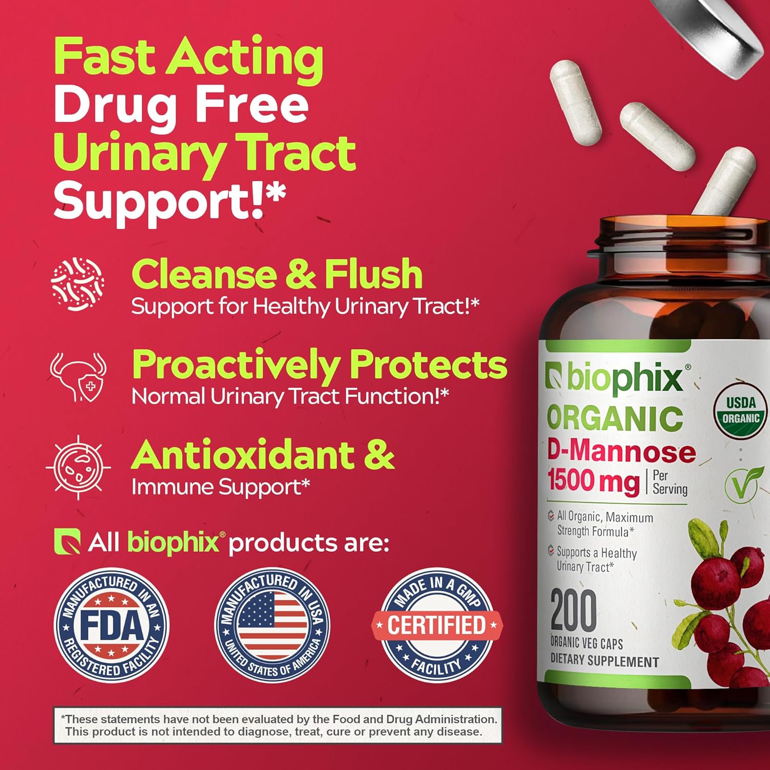 Biophix D-Mannose Usda Organic 1500 Mg 200 Veggie Caps - Supports A Healthy Bladder Urinary Tract, Non-Gmo, Vegan-Friendly : Health & Household