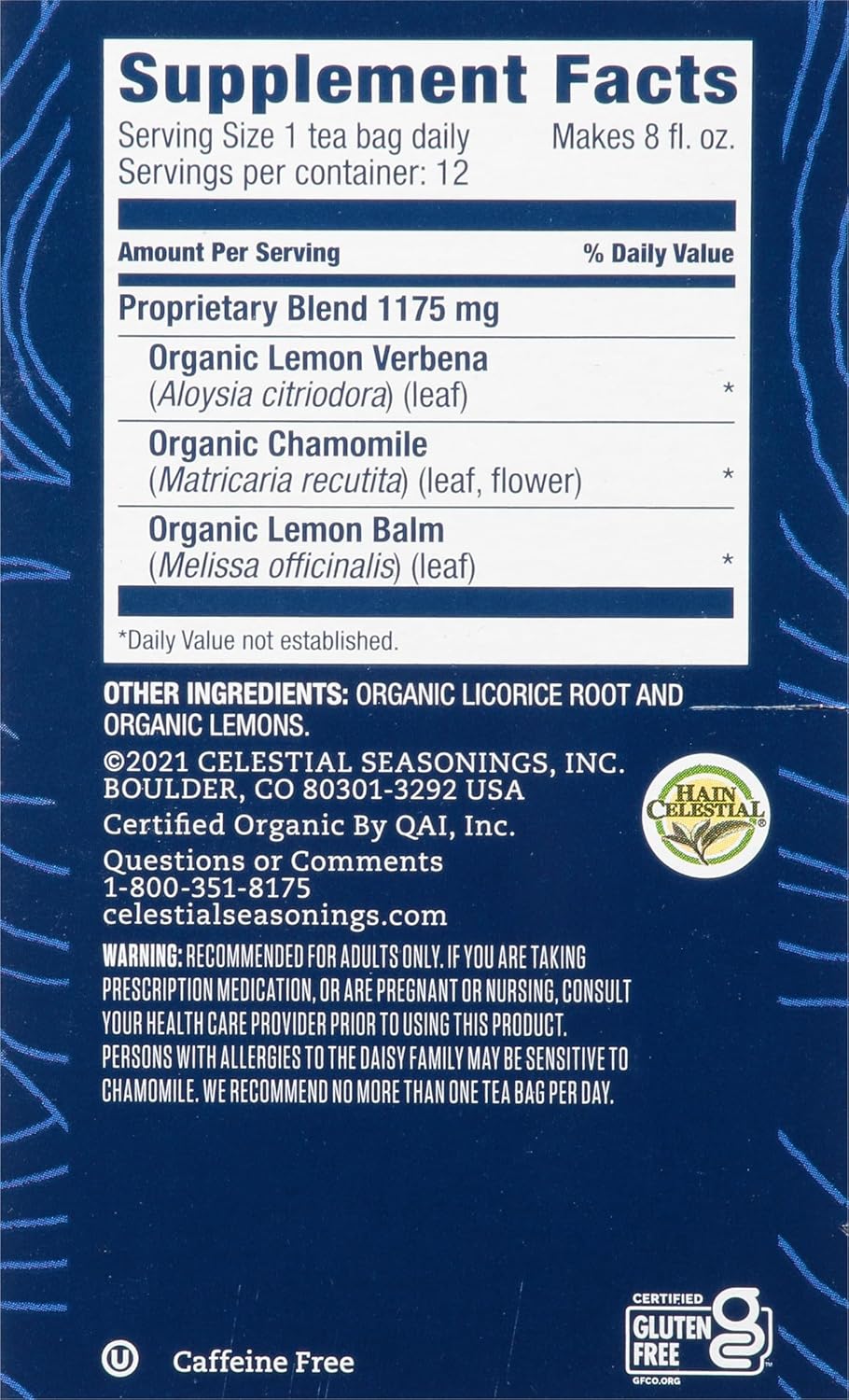 Celestial Seasonings Teawell Herbal Tea, Stress Relief, Lemon Verbena And Lemon Balm, Organic Lemon Chamomile, Caffeine Free Wellness Tea, 12 Tea Bags