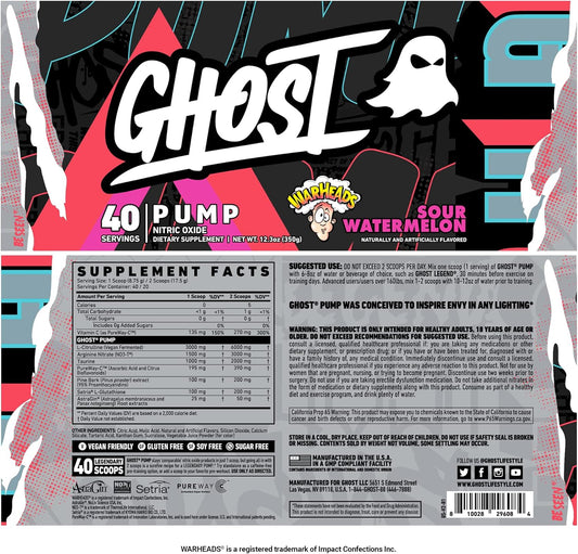 Ghost Pump Nitric Oxide Powder, Warheads Sour Watermelon - 40 Servings - Sugar & Stim-Free Pre-Workout Supplements- L-Citrulline, Arginine Nitrate & L-Glutathione - Soy & Gluten-Free, Vegan