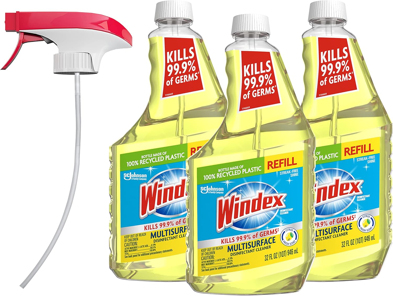 Windex Disinfectant Cleaner Multi-Surface Citrus Fresh, Refill Bottle, 32 Fl Oz, 3 Ct, And Reusable Trigger