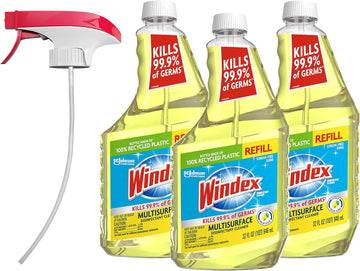 Windex Disinfectant Cleaner Multi-Surface Citrus Fresh, Refill Bottle, 32 fl oz, 3 ct, and Reusable Trigger