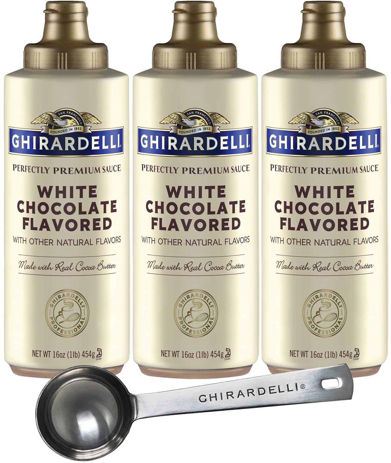 Ghirardelli White Chocolate Sauce Squeeze Bottles 16 oz (Pack of 3) with Ghirardelli Stamped Barista Spoon