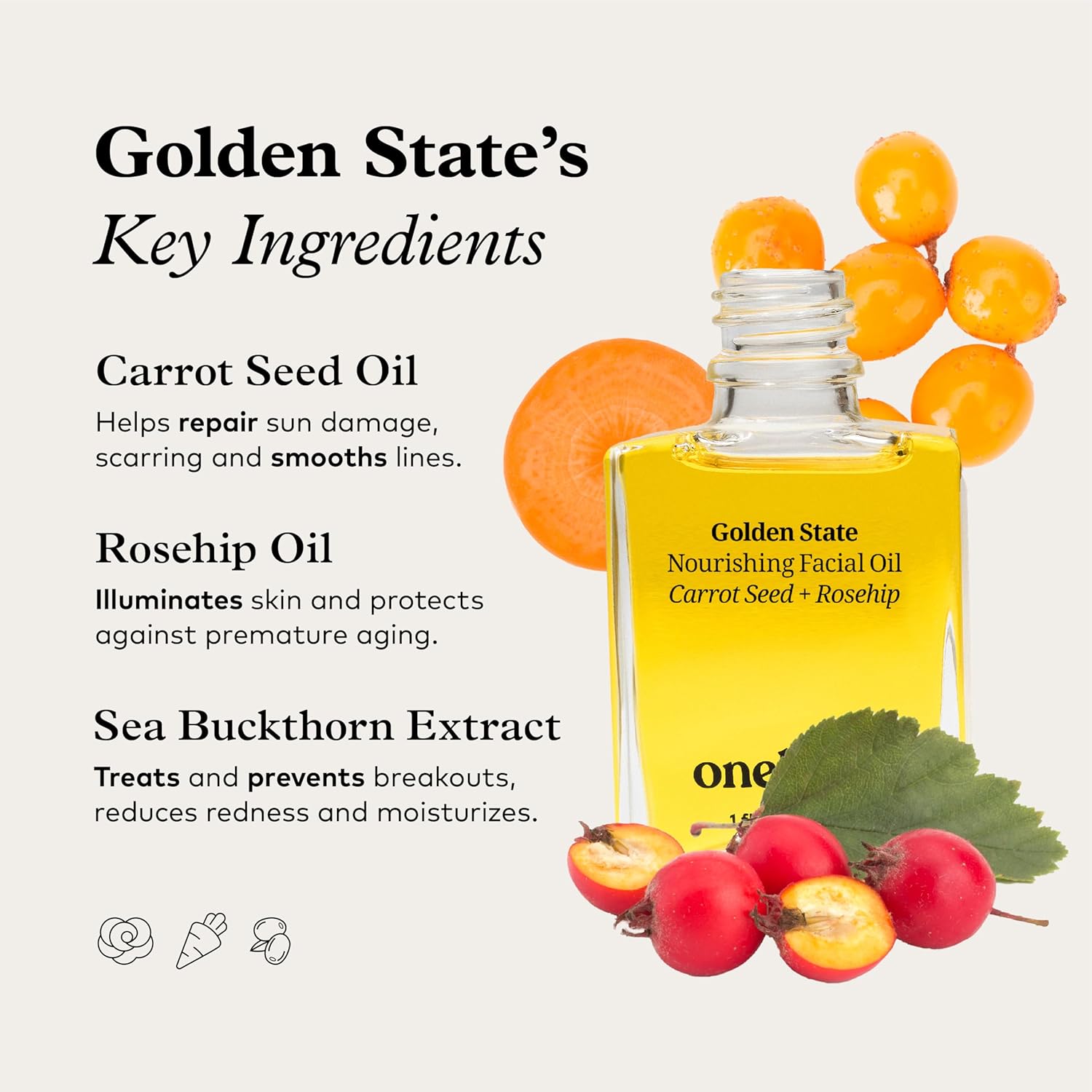 Onekind Golden State Anti Aging Botanical Face Oil With Rosehip Seed Oil, Sea Buckthorn Extract, Carrot Seed To Visibly Brighten, Firm, And Hydrate - Nourishing And Hydrating For Dry Skin : Beauty & Personal Care