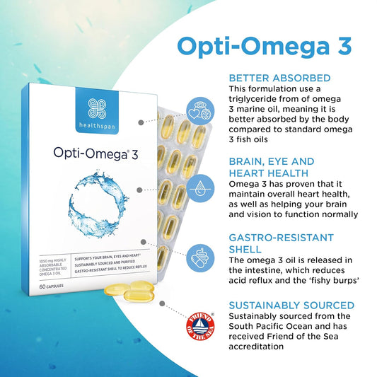 Healthspan Opti-Omega 3 With Anti Reflux Technology (2 Months' Supply) | Optimal Absorption Omega 3 Fish Oil To Support Your Brain, Eye & Heart Health | 750Mg Omega 3 Fatty Acids Per Capsule