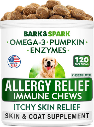 Bark&Spark Dog Allergy Relief Chews - Anti-Itch Skin & Coat Supplement - Omega 3 Fish Oil - Itchy Skin Relief Treatment Pills - Itching&Paw Licking - Dry Skin&Hot Spots - (120 Immune Treats - Chicken)