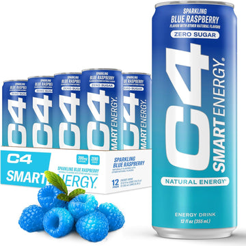 C4 Smart Energy Drink – Boost Focus And Energy With Zero Sugar, Natural Energy, And Nootropics - 200Mg Caffeine - Blue Raspberry (12Oz Pack Of 12)