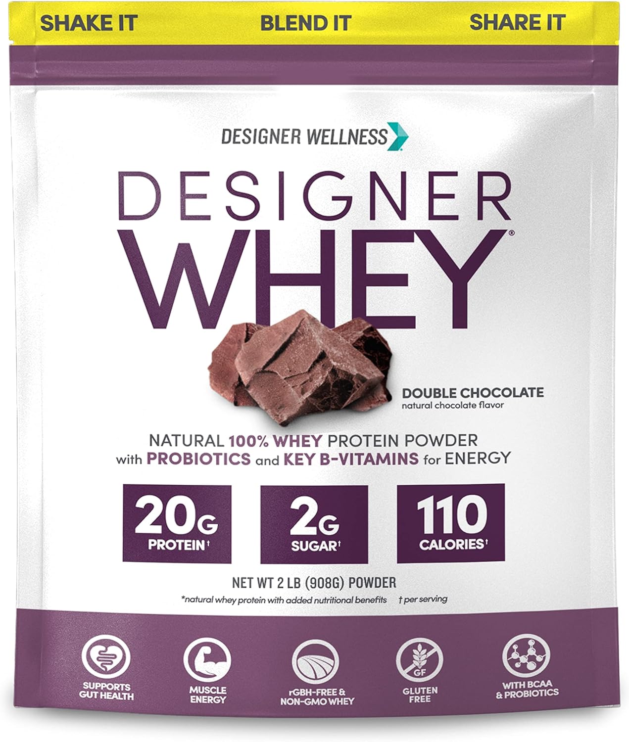 Designer Wellness, Designer Whey, Natural Whey Protein Powder with Probiotics, Fiber, and Key B-Vitamins for Energy, Gluten-Free & Kosher, Double Chocolate, 2 lb