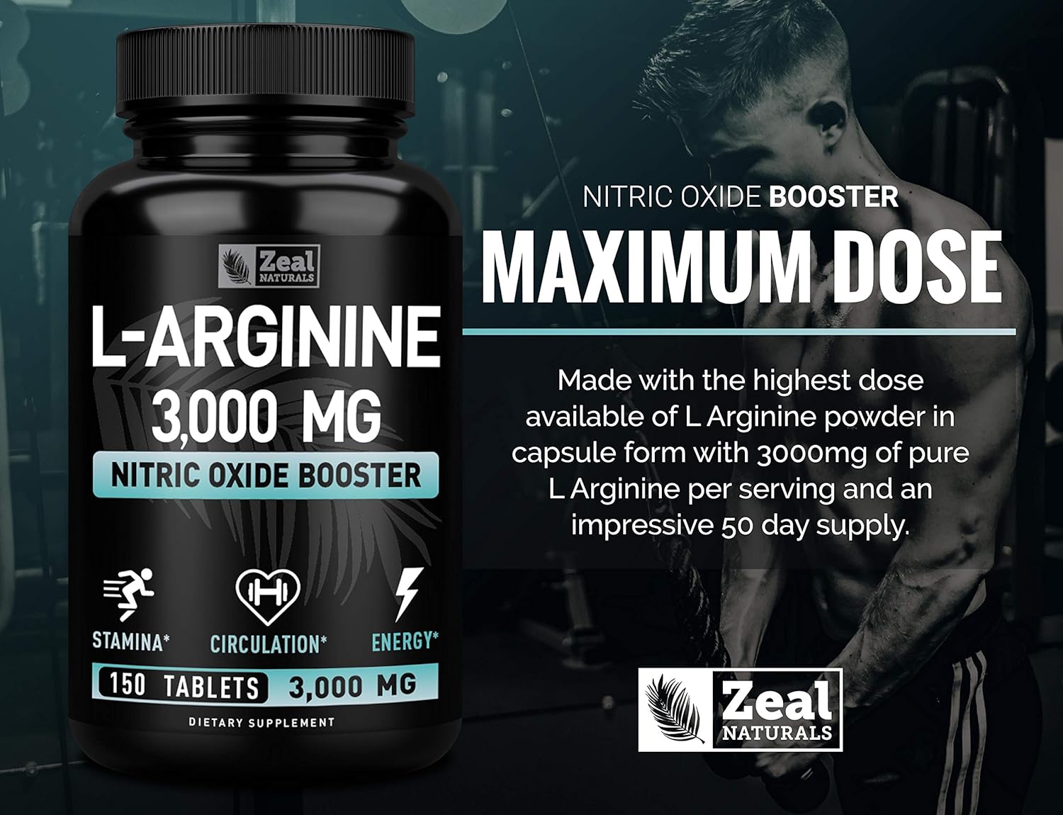 Zeal Naturals L Arginine 3000mg Capsules (150 Tablets | 1000mg) Maximum Dose L-Arginine Nitric Oxide Supplement for Supporting Muscle Growth, Vascular Function and Energy - Nitric Oxide Booster : Health & Household