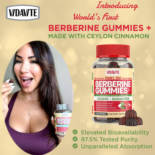 Berberine with Ceylon Cinnamon Gummies — Sugar-Free Berberine Plus 1200 mg Supports Immune Function — 98% Purity & 10x Bioavailability for Cardiovascular & Gastrointestinal Care (60 Gummies)