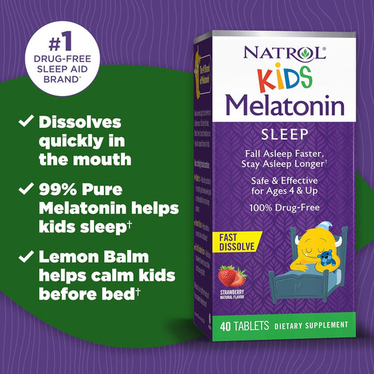 Natrol Kids 1mg Melatonin Fast Dissolve Sleep Aid Tablets, with Lemon Balm, Supplement for Children Ages 4 and up, Drug Free, Dissolves in Mouth, 40 Strawberry avored Tablets (Pack of 12)