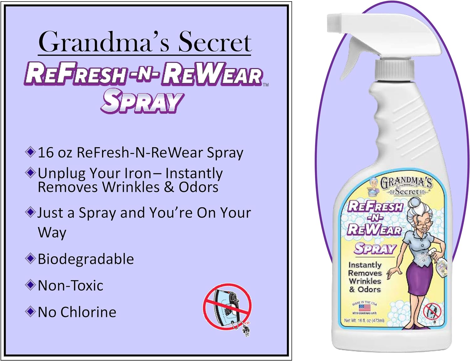 Grandma's Secret Refresh N ReWear Spray - Instantly Removes Wrinkles & Odors - Wrinkle Release, Fabric Refresher Spray, Chlorine, Bleach and Toxin-Free - 16 Ounce, 2 Pack : Clothing, Shoes & Jewelry