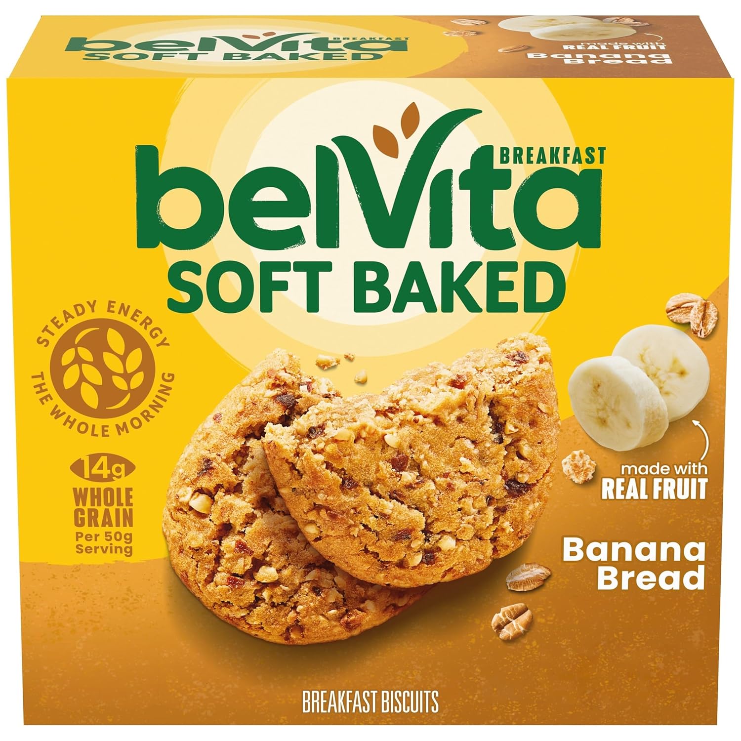 Belvita Soft Baked Banana Bread Breakfast Biscuits, Chewy Breakfast Bars, 5 Packs (1 Biscuit Per Pack)