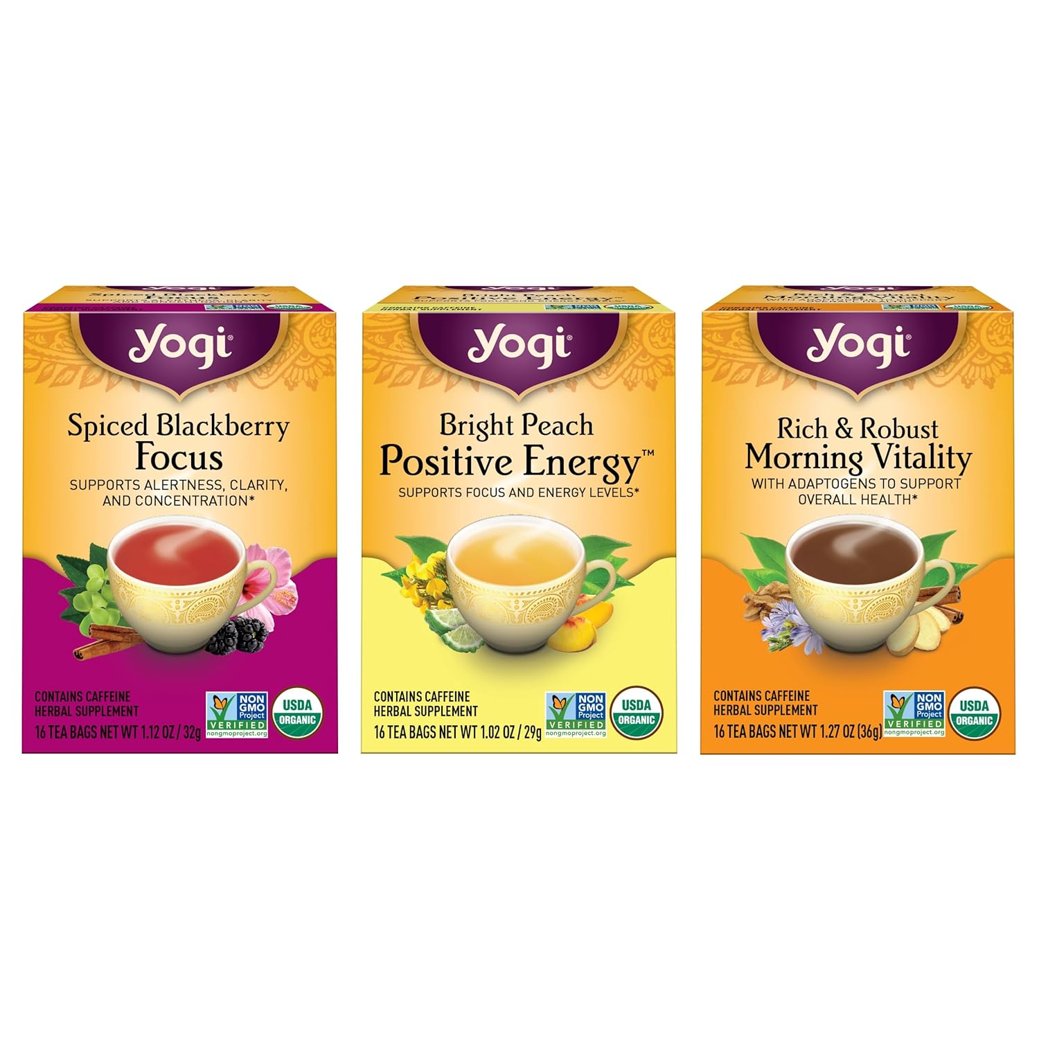 Yogi Tea - Morning Energy Variety Pack (3 Pack) Includes Peach Bergamot Bright Day, Rich And Robust Morning Vitality, Spiced Blackberry Focus - 48 Organic Tea Bags