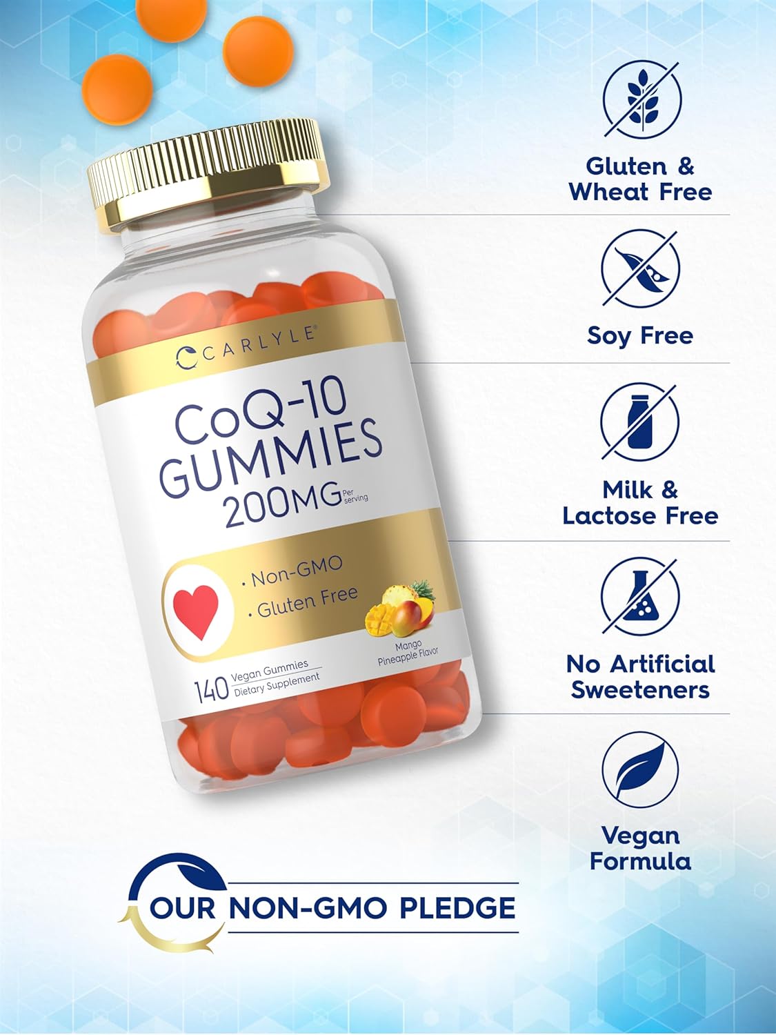 Carlyle CoQ10 Gummies 200 mg | 140 Count | Mango Pineapple Flavor | Vegan, Non-GMO, Gluten Free : Health & Household